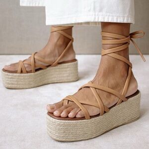 Alohas Paw Paw Strappy Leather Tie Espadrille Platform Sandals Camel 37 US 6.5